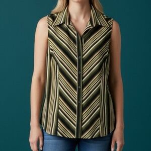 COMO Olive Striped Retro 1970's Sleeveless Button Down Shirt